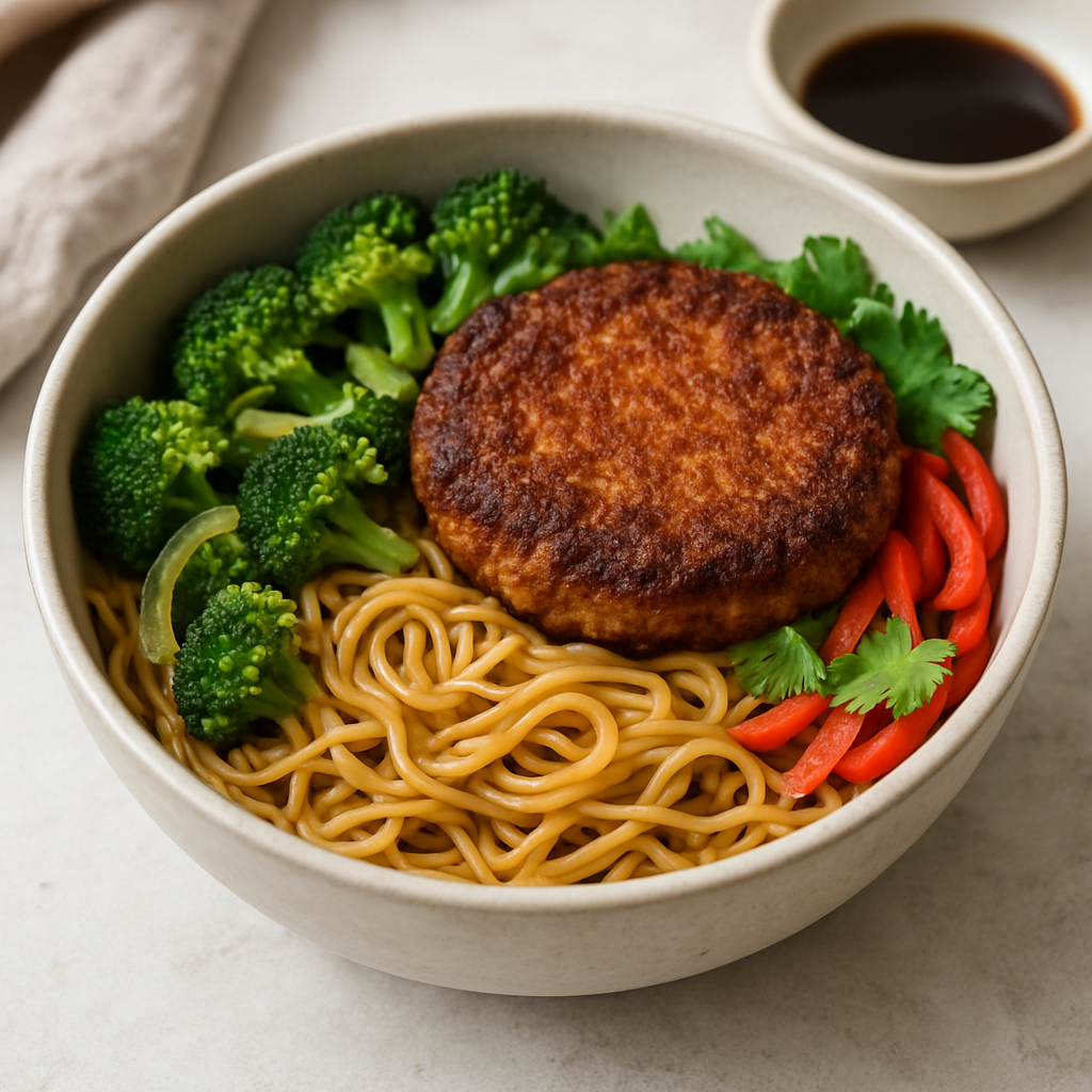 Asian-Mexican Fusion Noodle Bowl with Crispy Patty