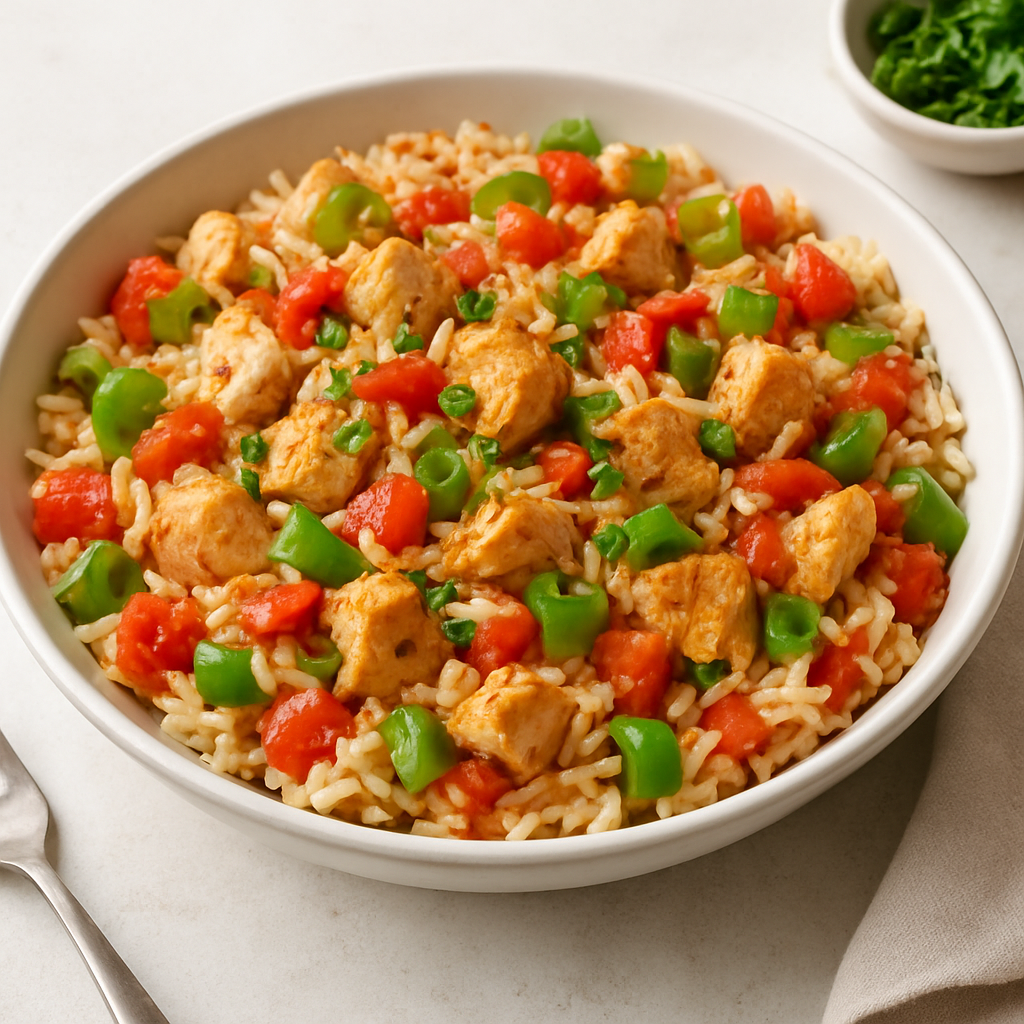 Greek Chicken and Rice with Tomato and Green Pepper
