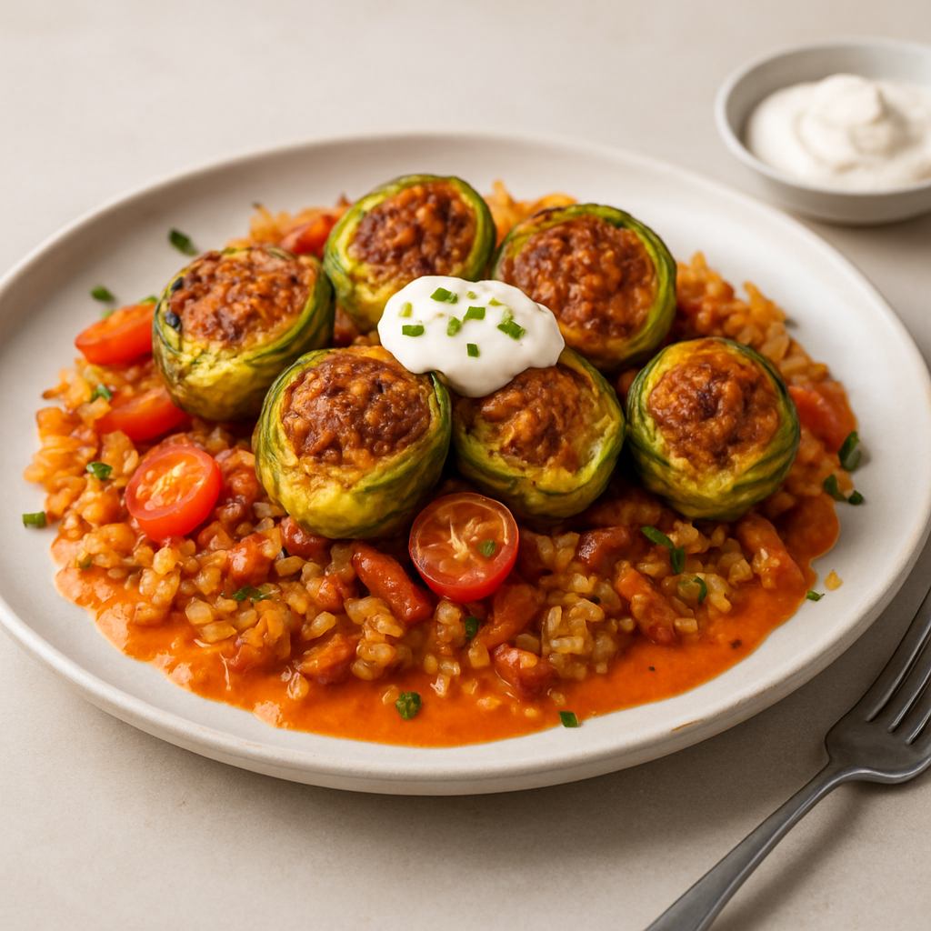 Gochujang-Curry Stuffed Brussels Sprouts with Crispy Bacon Rice and Tomato-Cream Sauce