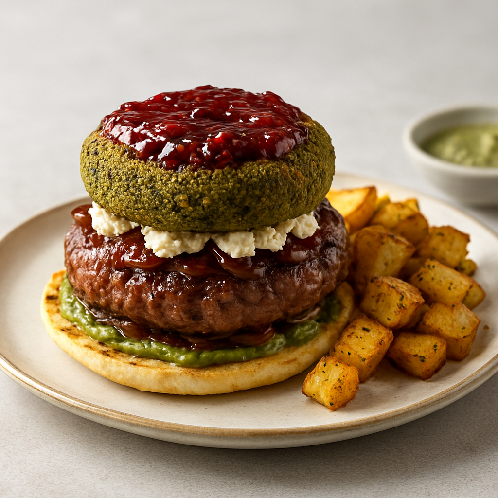 Matcha-Miso Burger with Crispy Falafel Crust and Goji-Cranberry Jam Glaze