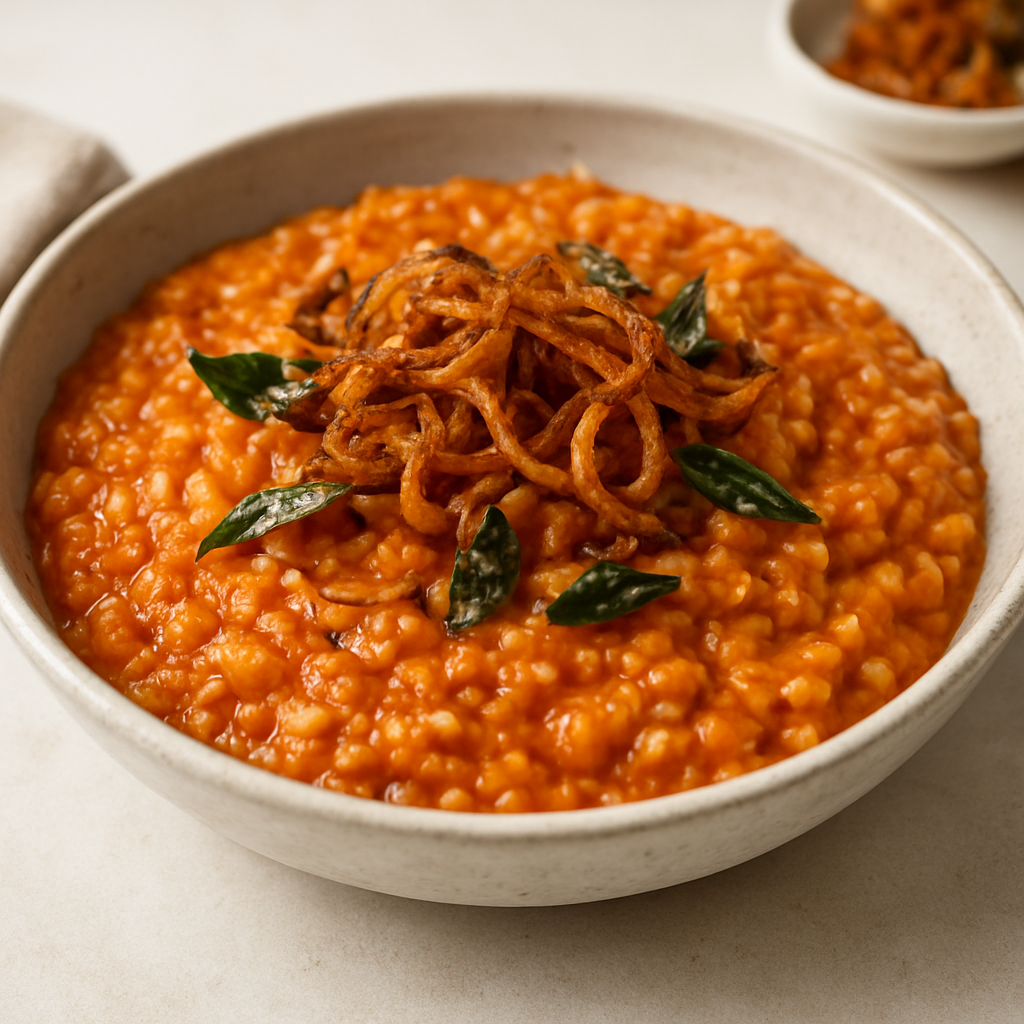 Tamato-Onion Taki Risotto with Indian Spice Tempering
