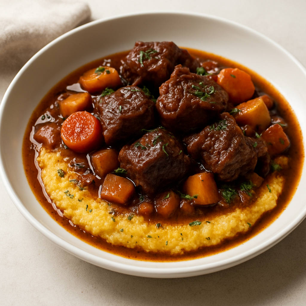 Osso Buco-Style Beef Chuck Braised in Red Wine with Crispy Herb Polenta