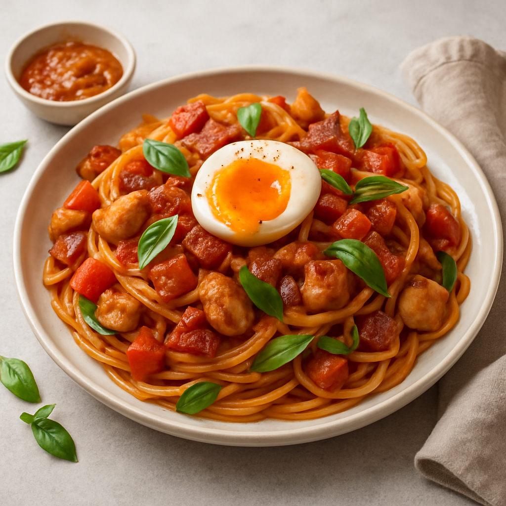 Spicy Miso-Chorizo Pasta Primavera with Crispy Bacon & Thai Basil