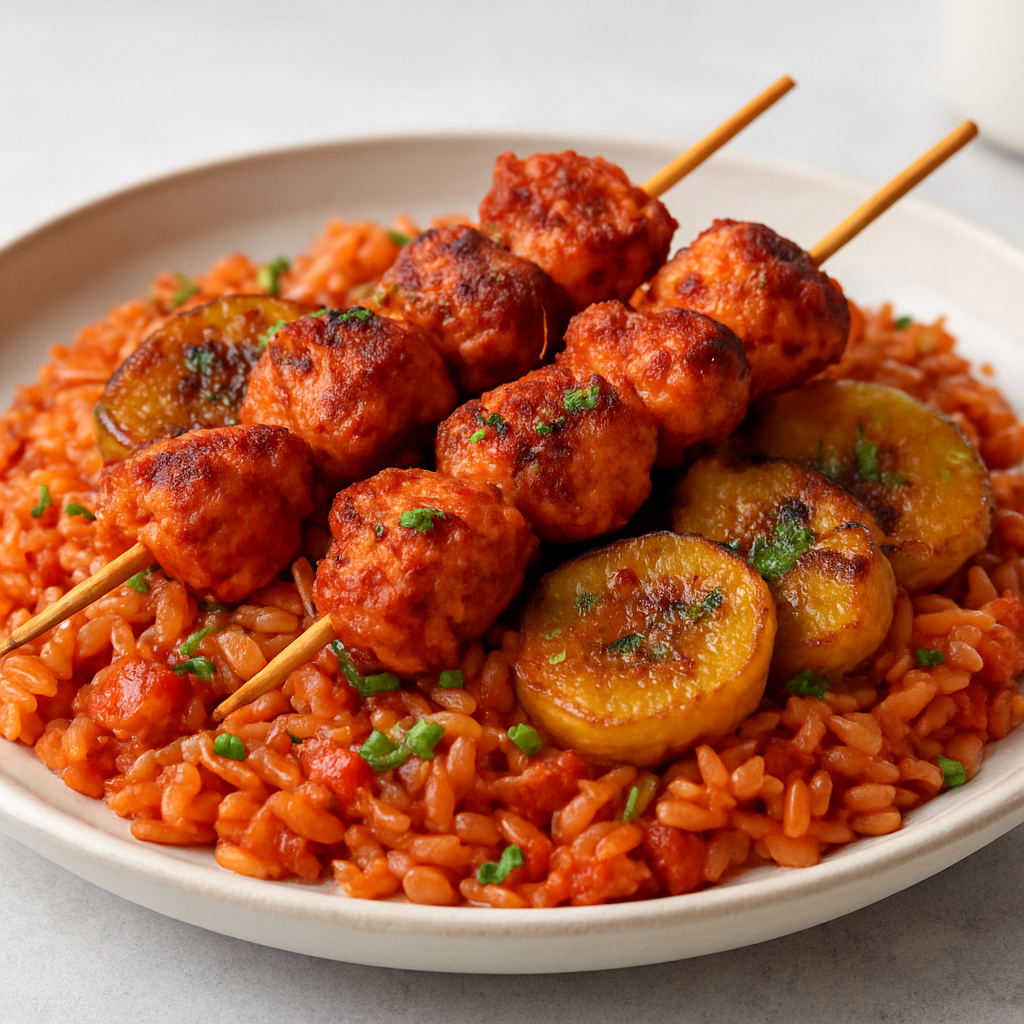 Caramelized Banana & Tomato Sofrito Rice with Crispy Chicken Souvlaki