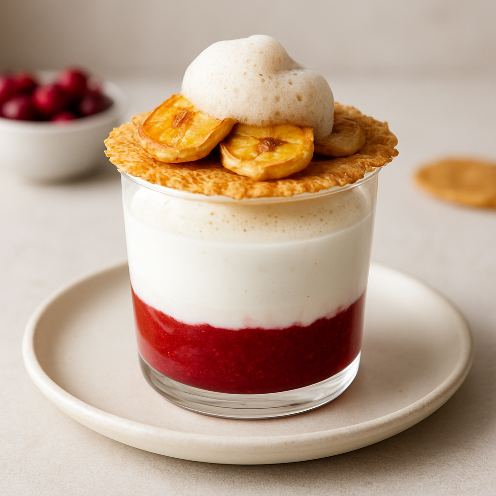 Skyr Cranberry Parfait with Caramelized Banana Crisps and Oat Tuile