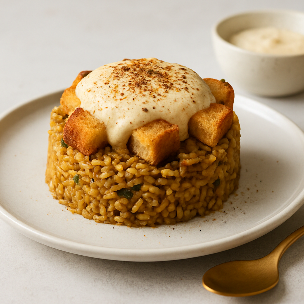 Global Harmony Egg Fried Rice Bread Pudding with Spiced Cream
