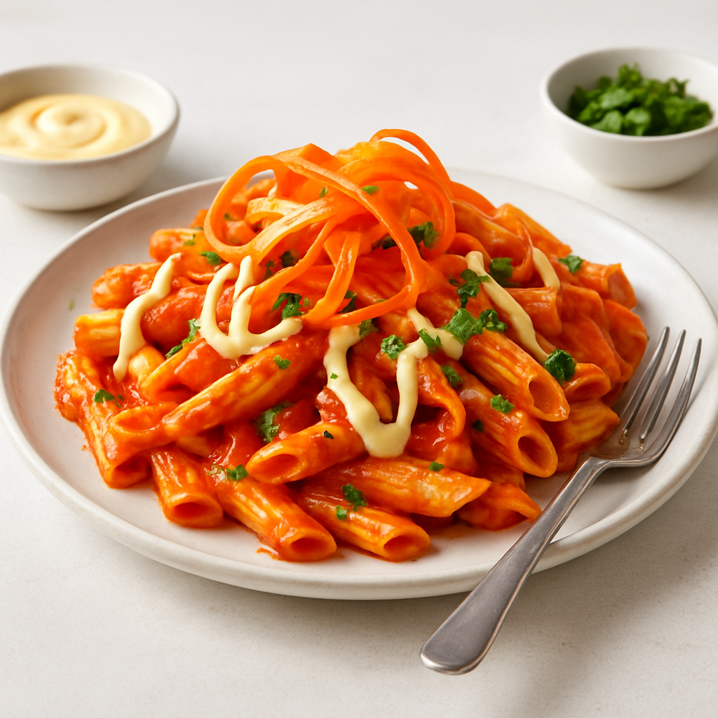 Global Harmony Pasta: Sriracha-Miso Tomato Sauce with Carrot Ribbons