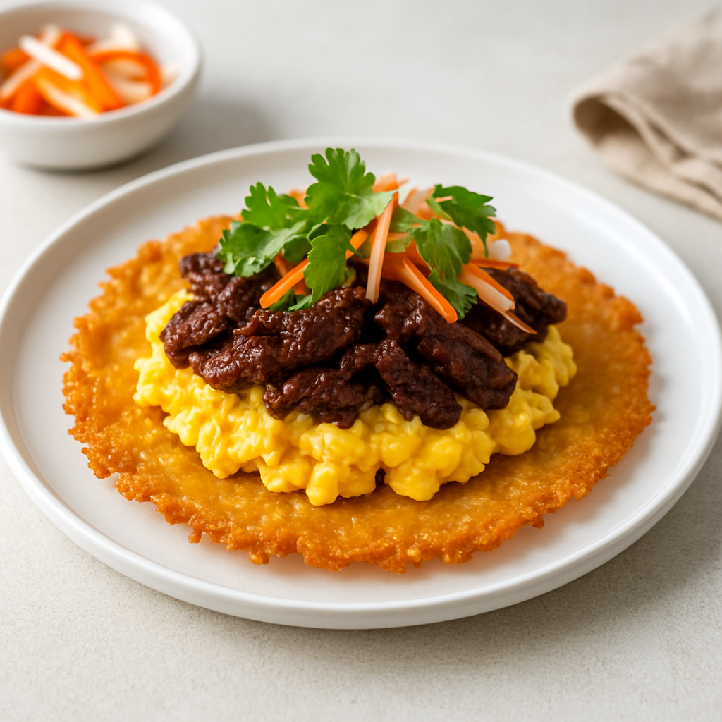 Bánh Mì Scrambled Egg and Beef Curd with Crispy Cheese Crust