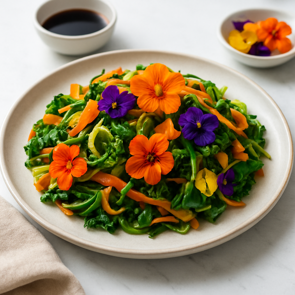 Korean Vegetable Ribbon Stir-Fry with Edible Flowers