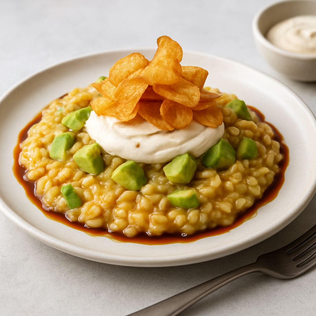 Miso-Infused Avocado Risotto with Crispy Potato Crisps and Umami Cashew Cream