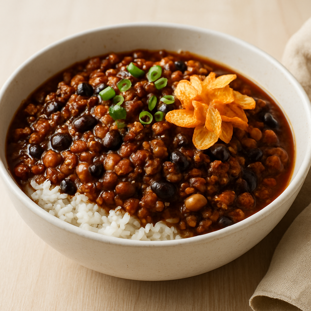Umami Ragu Fusion Bowl with Miso-Soy Bean Ragù and Crispy Garlic Chips