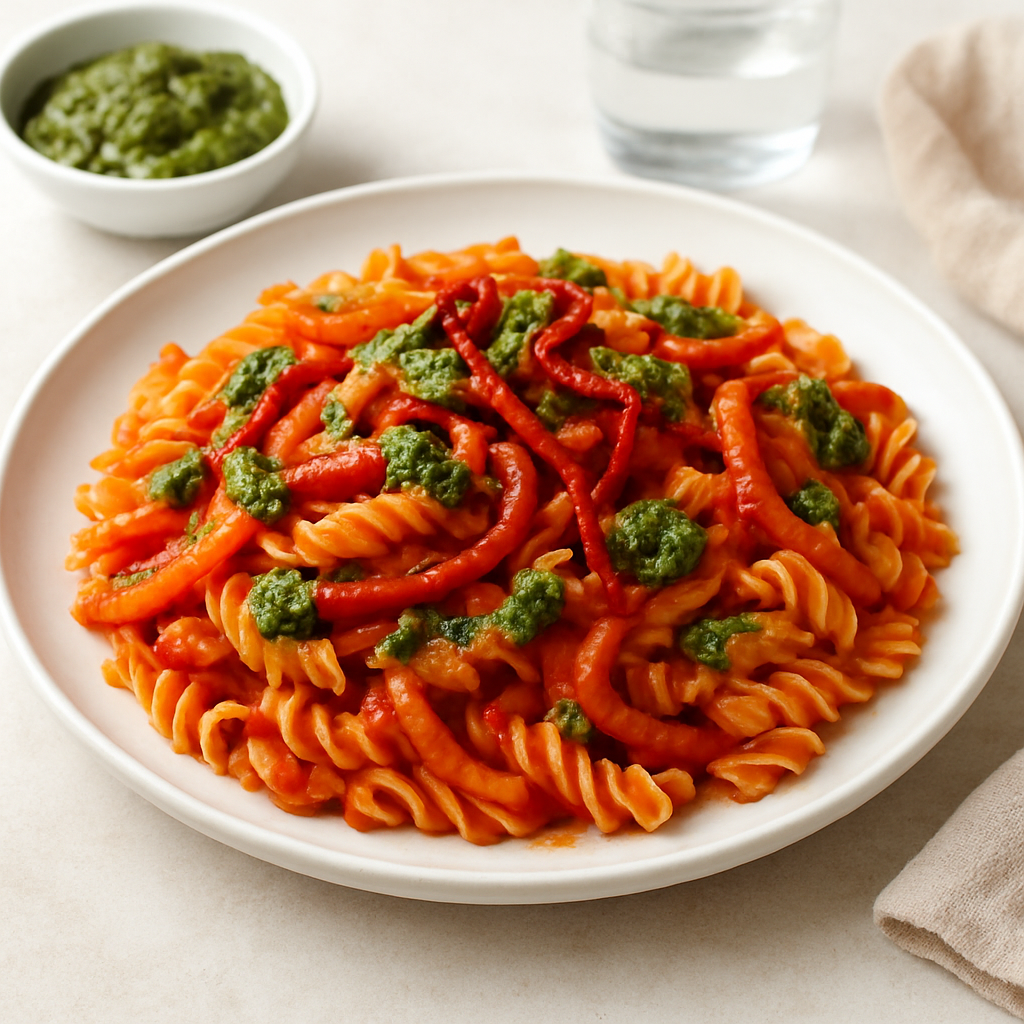 Fusion Tomato Pasta with Pesto & Crispy Peppers