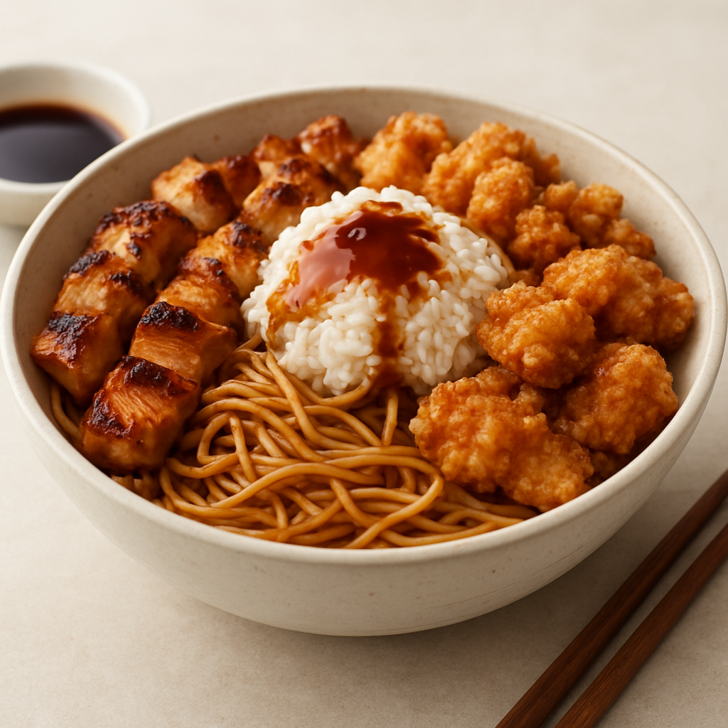 Chinese Fusion Noodle Bowl with Crispy Chicken and Sushi Rice