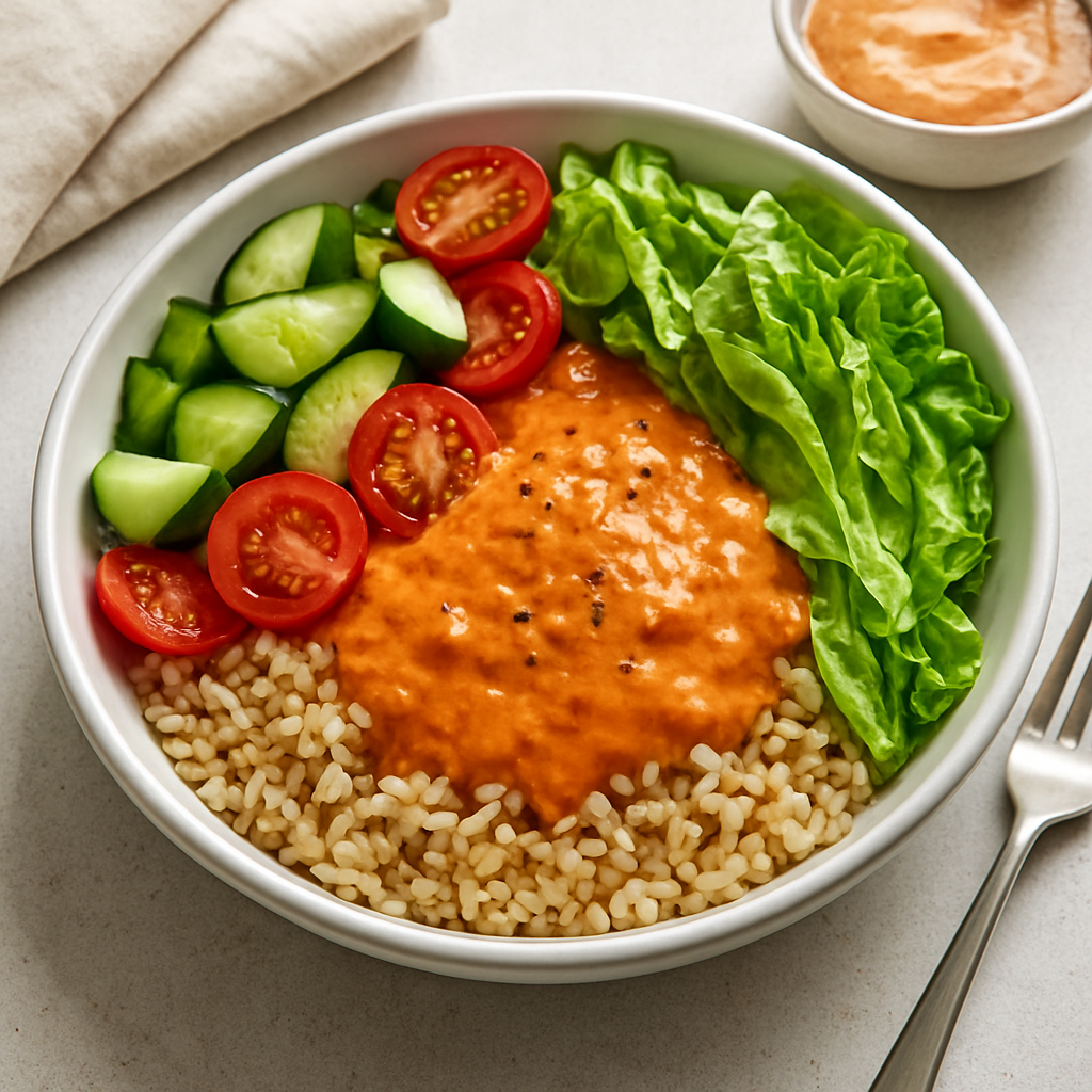 Sichuan-Mediterranean Brown Rice Bowl with Creamy Ginger-Tomato Dressing