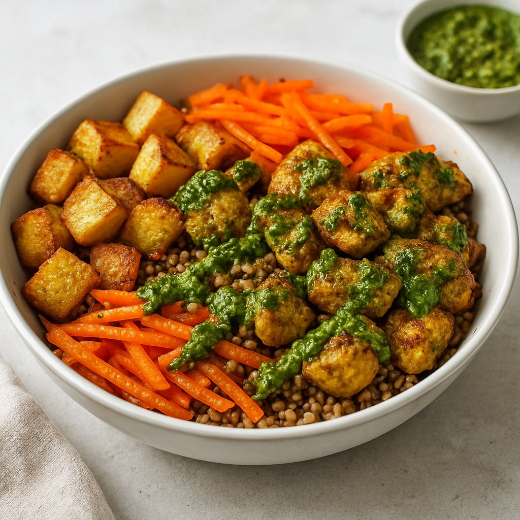 Global Fusion Power Bowl with Crispy Tofu-Chicken & Umami Pesto Drizzle