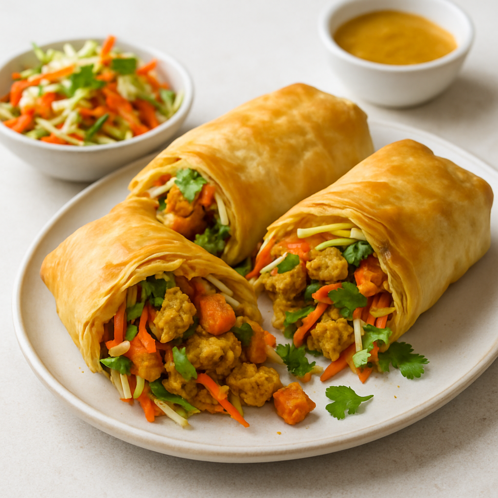 Golden Turmeric Chicken Phyllo Wraps with Sweet Potato & Cabbage Slaw