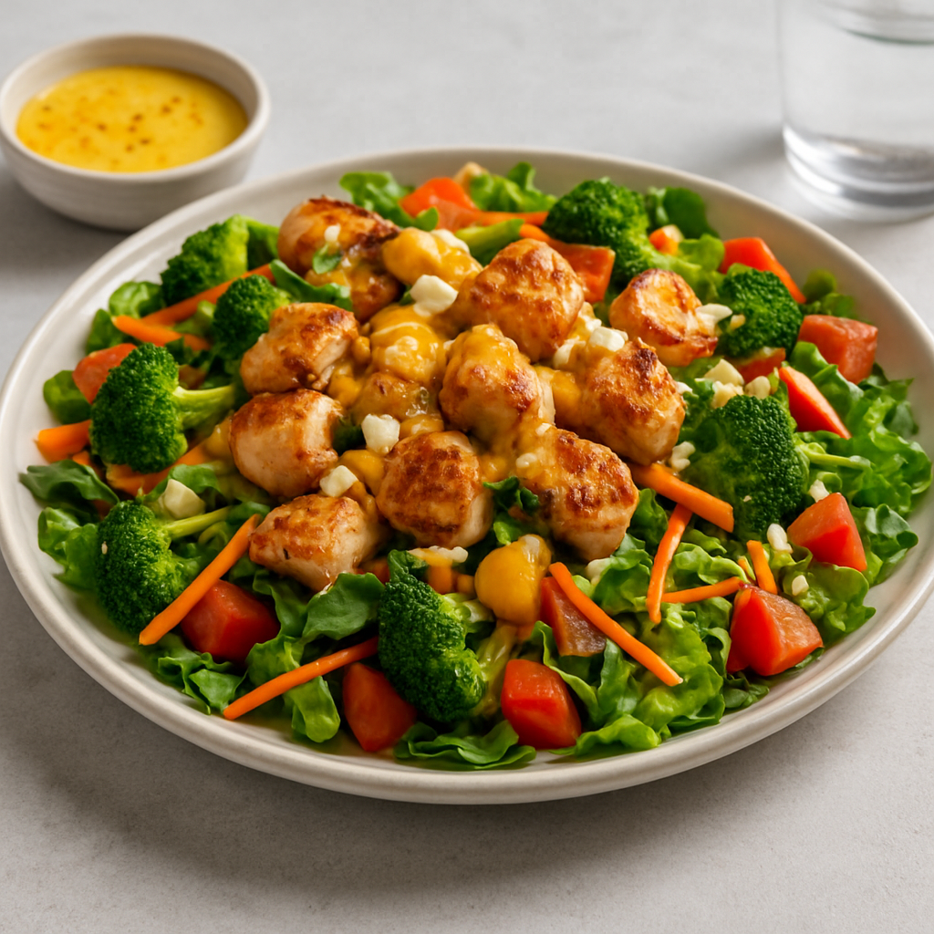 Mediterranean-Thai Stir-Fried Salad with Crispy Chicken & Mango-Feta Drizzle