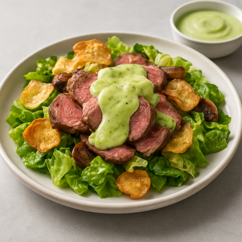 Deconstructed Beef Wellington Salad with Crispy Potato Crisps and Avocado Hollandaise