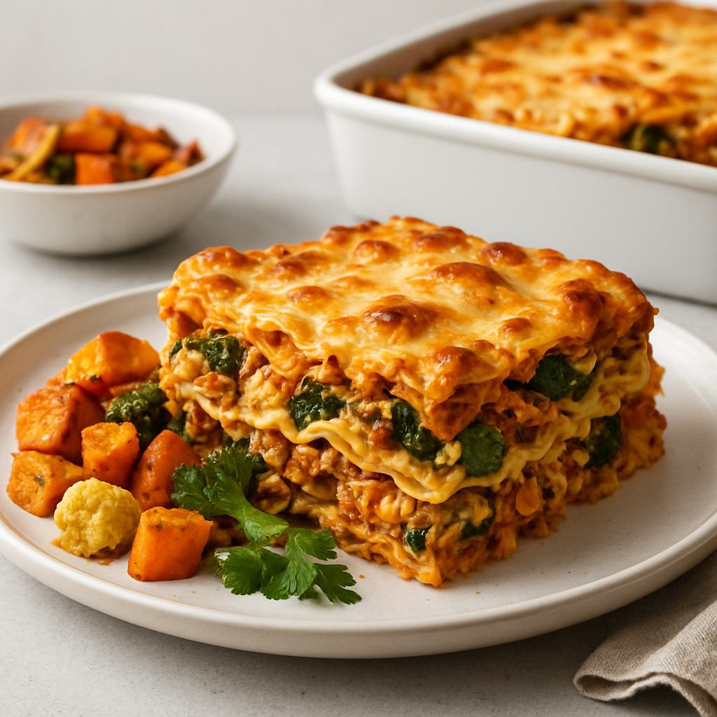 Halal Harvest Vegetable and Chicken Lasagna with Roasted Root Vegetables