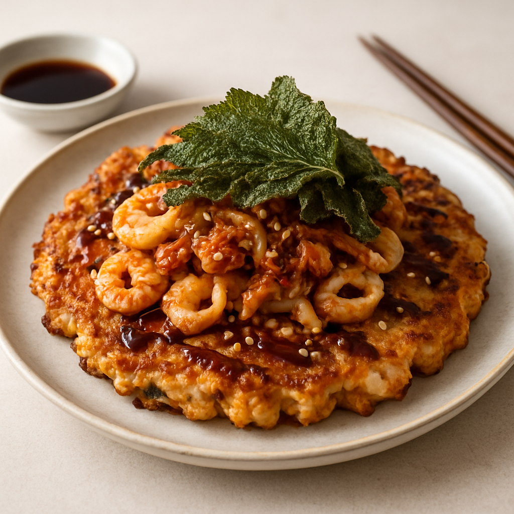 Japanese-Style Seafood and Kimchi Okonomiyaki with Crispy Perilla Leaves