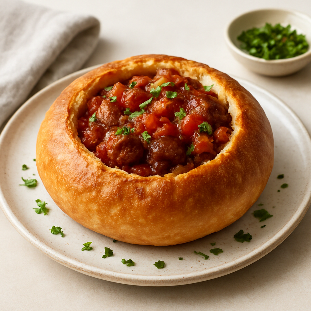 Global Spiced Merguez Bread Bowl with Tomato-Onion Confit