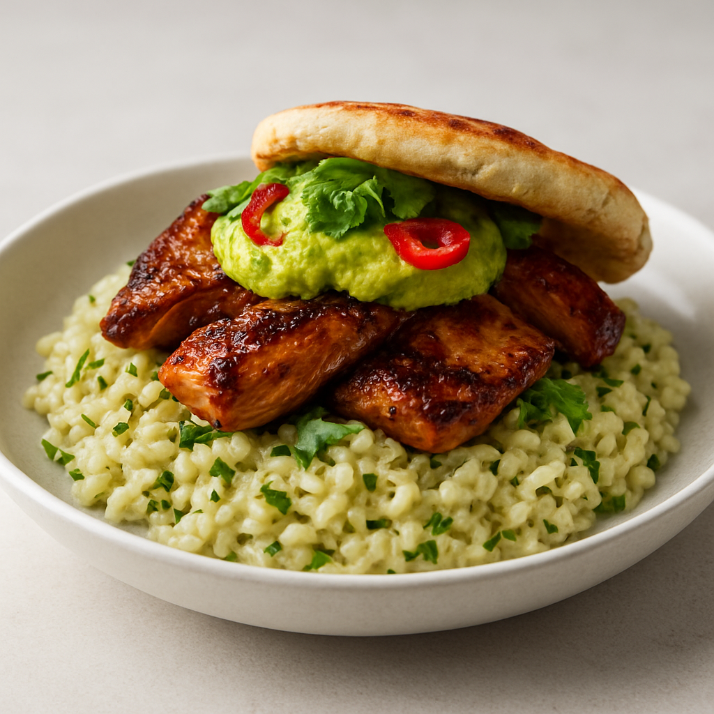 Umami Fusion Bowl: Soy-Glazed Chicken Arepa with Mediterranean Herb Risotto and Vietnamese Ginger Sauce