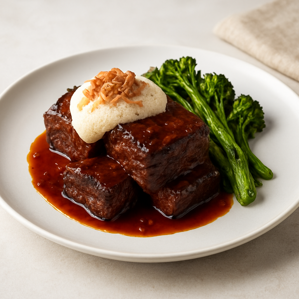 Beer-Braised Gochujang Short Ribs with Crispy Miso Foam and Charred Broccolini
