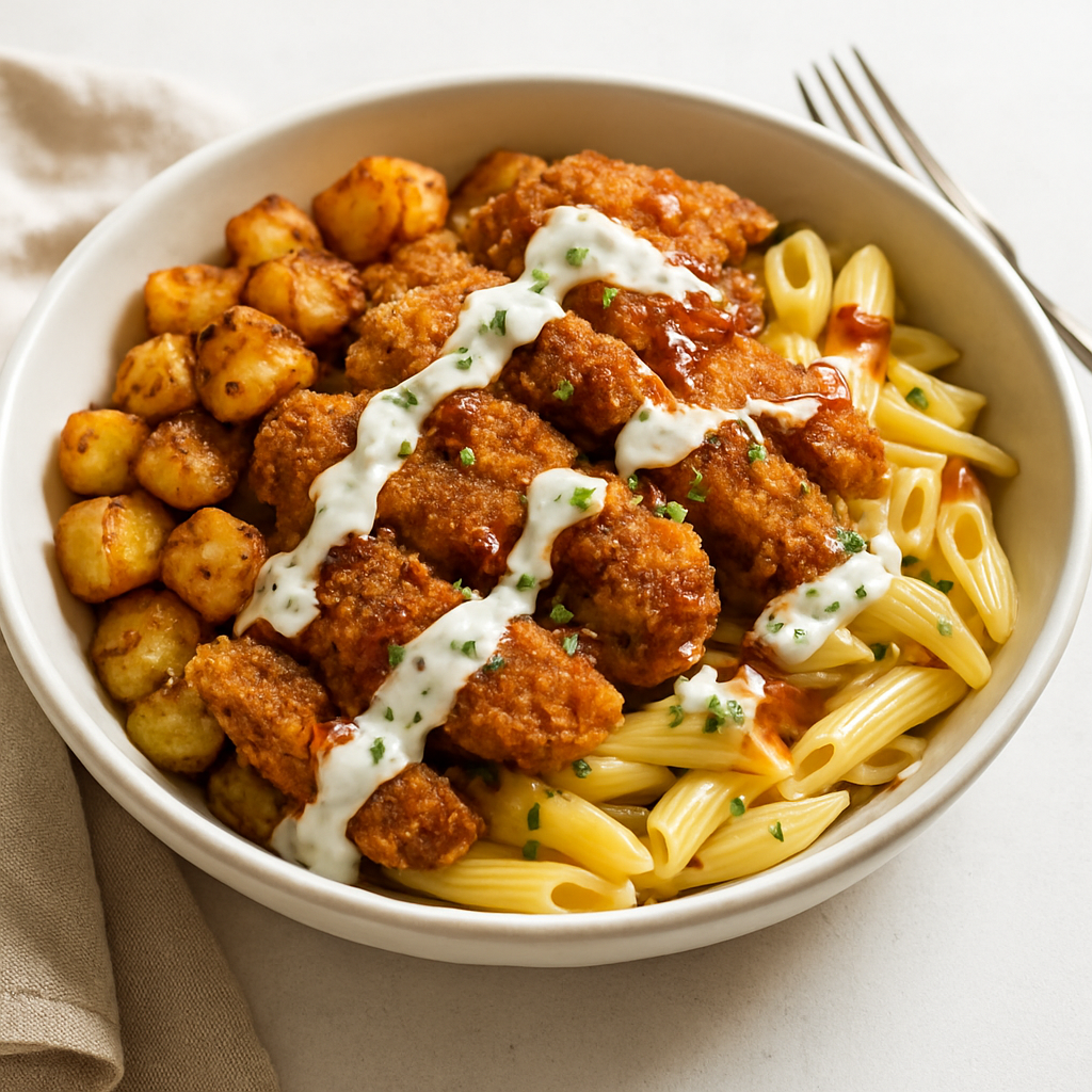 Mediterranean-Thai Crispy Chicken & Potato Fusion Bowl with Greek-Mexican Drizzle