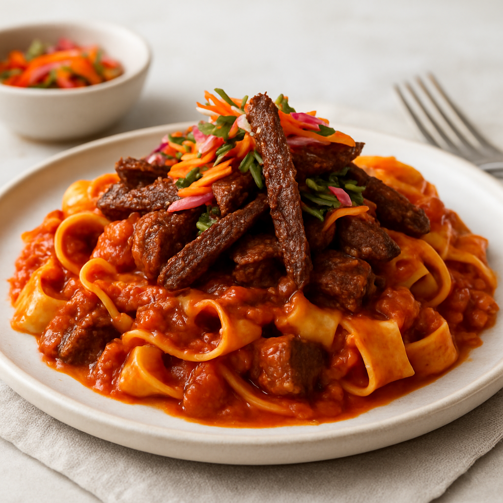 Gochujang Ragu Pappardelle with Crispy Beef and Pickled Vegetable Gremolata