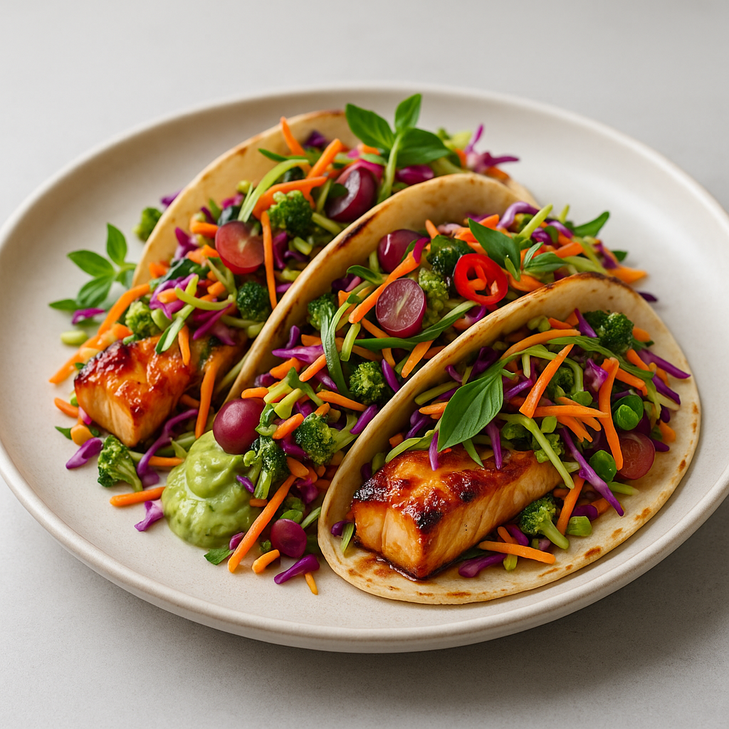 Citrus-Chili Miso Fish Tacos with Thai Basil Slaw and Avocado-Kiwi Crema