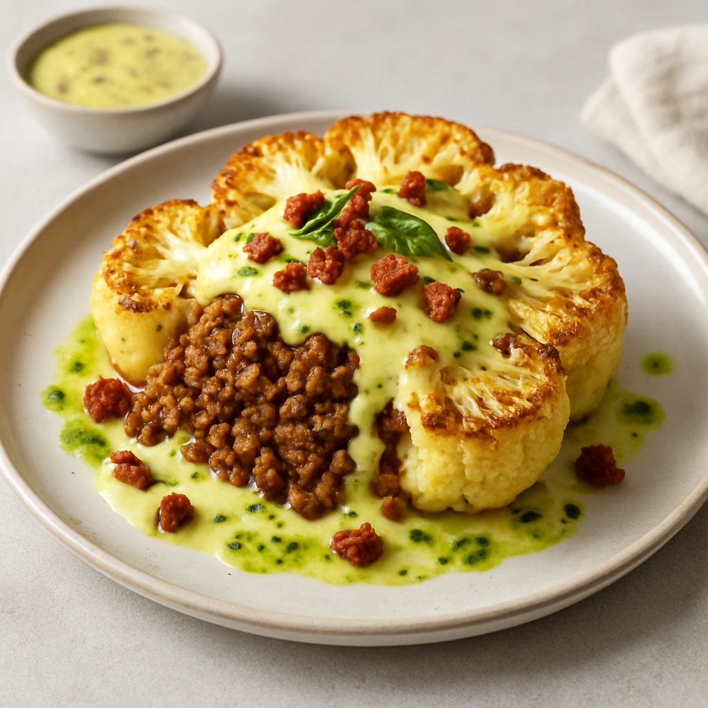 Méditerranée-Saigon Stuffed Cauliflower with Saffron-Cilantro Cream