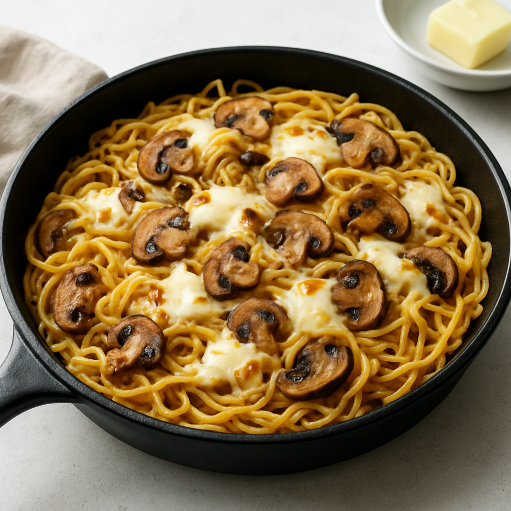 French-Style Cheesy Noodle Pan with Mushrooms
