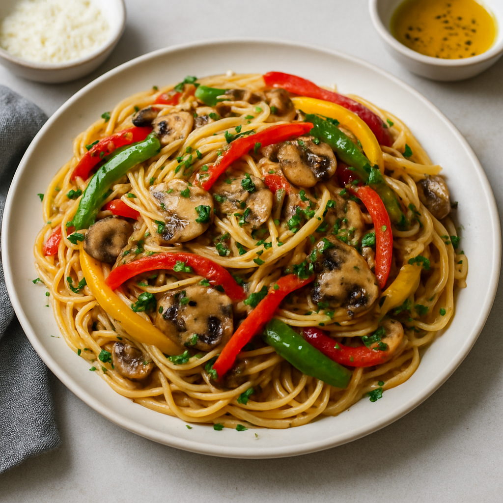 Pho-Inspired Mediterranean Herb Spaghetti with Charred Peppers and Garlic Oil