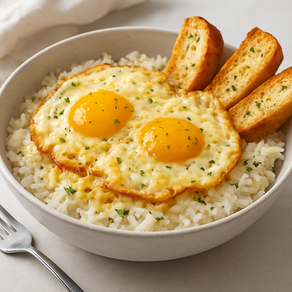 Crispy Cheese & Egg Rice Bowl with Garlic Toast