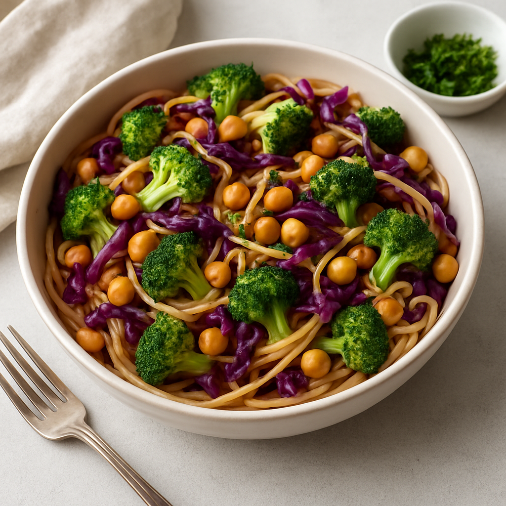 Mediterranean Pasta with Broccoli, Red Cabbage, and Chickpeas