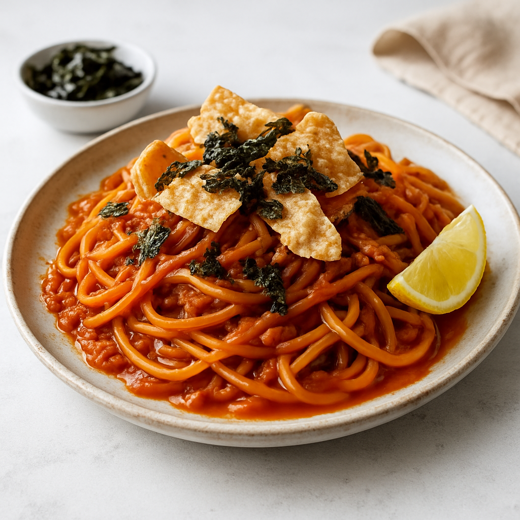 Gochujang-Masala Tomato Pasta with Crispy Pappadam & Seaweed