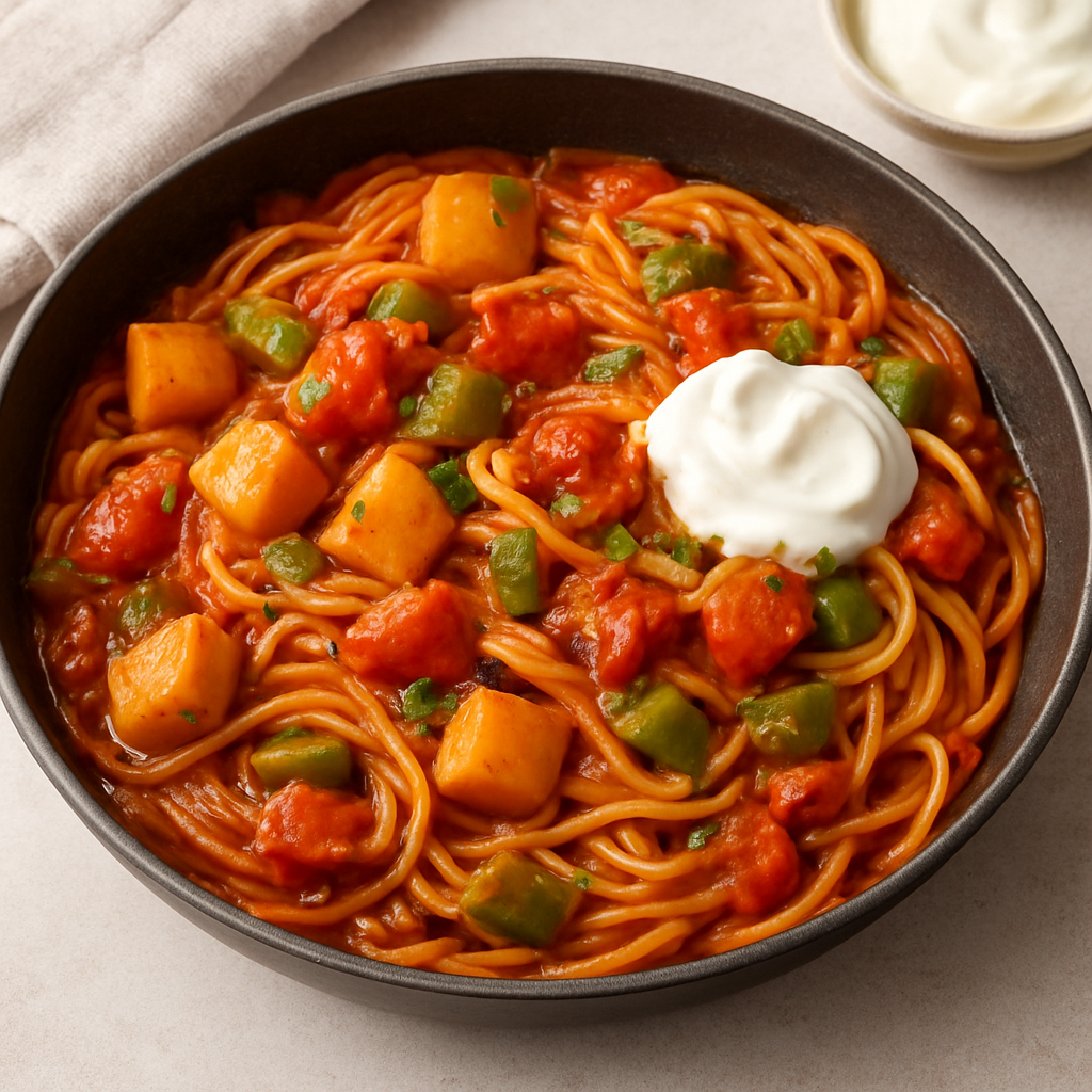 Indian Spiced Spaghetti with Potato and Pepper Curry