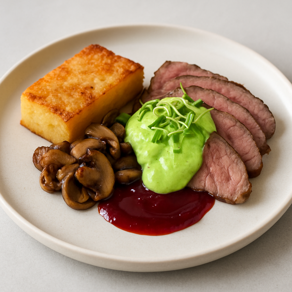 Deconstructed American Beef Wellington with Avocado Hollandaise and Cranberry Gastrique