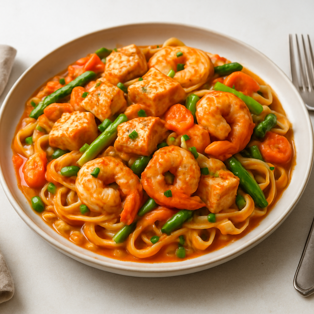 Italian Seafood and Poultry Pasta Primavera with Creamy Tomato Sauce