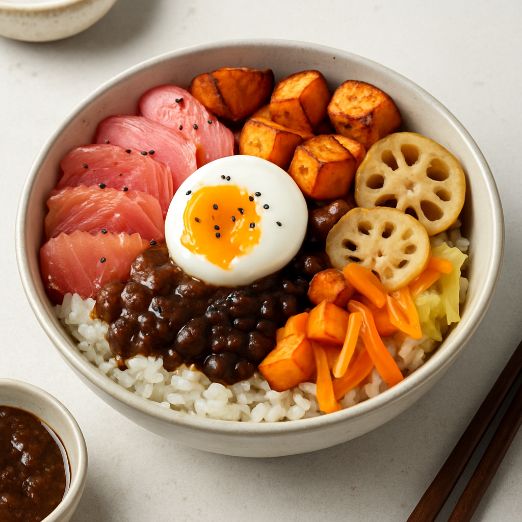 Chirashi Bowl with Black Bean and Root Vegetable Medley