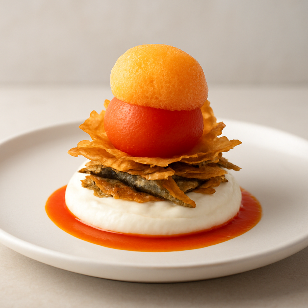 Deconstructed Sardine Saganaki with Tomato Sphere and Carrot Foam
