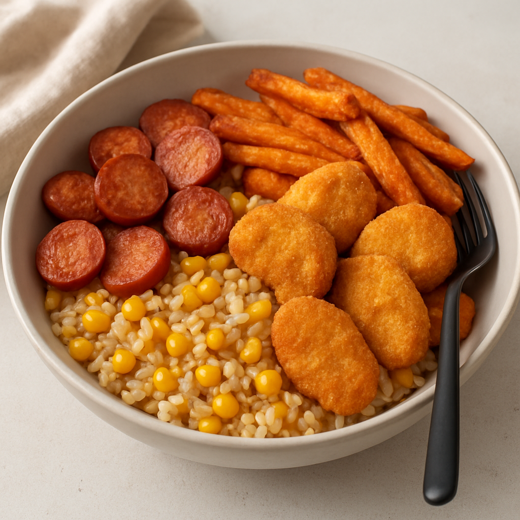 Fusion Sausage & Rice Bowl with Crispy Toppings