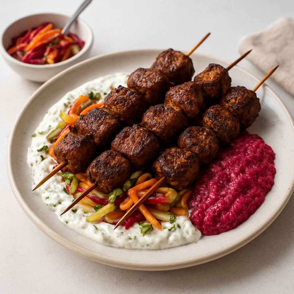 Spiced Beef Souvlaki with Pickled Vegetable Tzatziki and Beetroot Raita