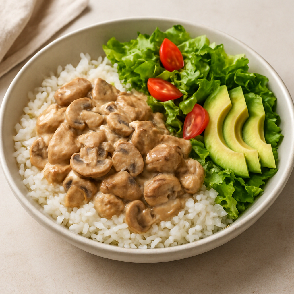 Creamy Pork & Mushroom Rice Bowl with Garden Salad