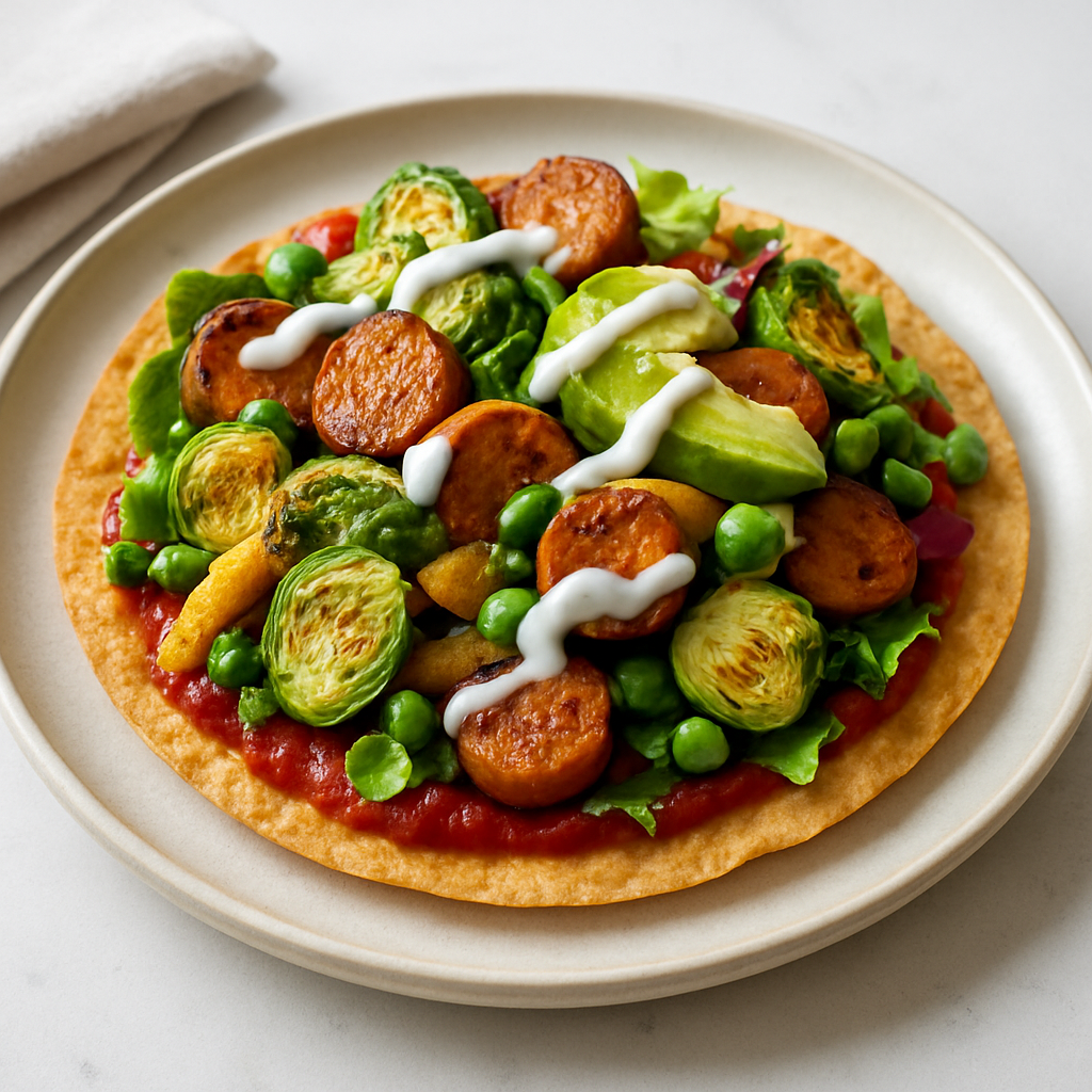 Spiced Chicken Sausage & Brussels Sprouts Tostada with Pickle-Yogurt Drizzle