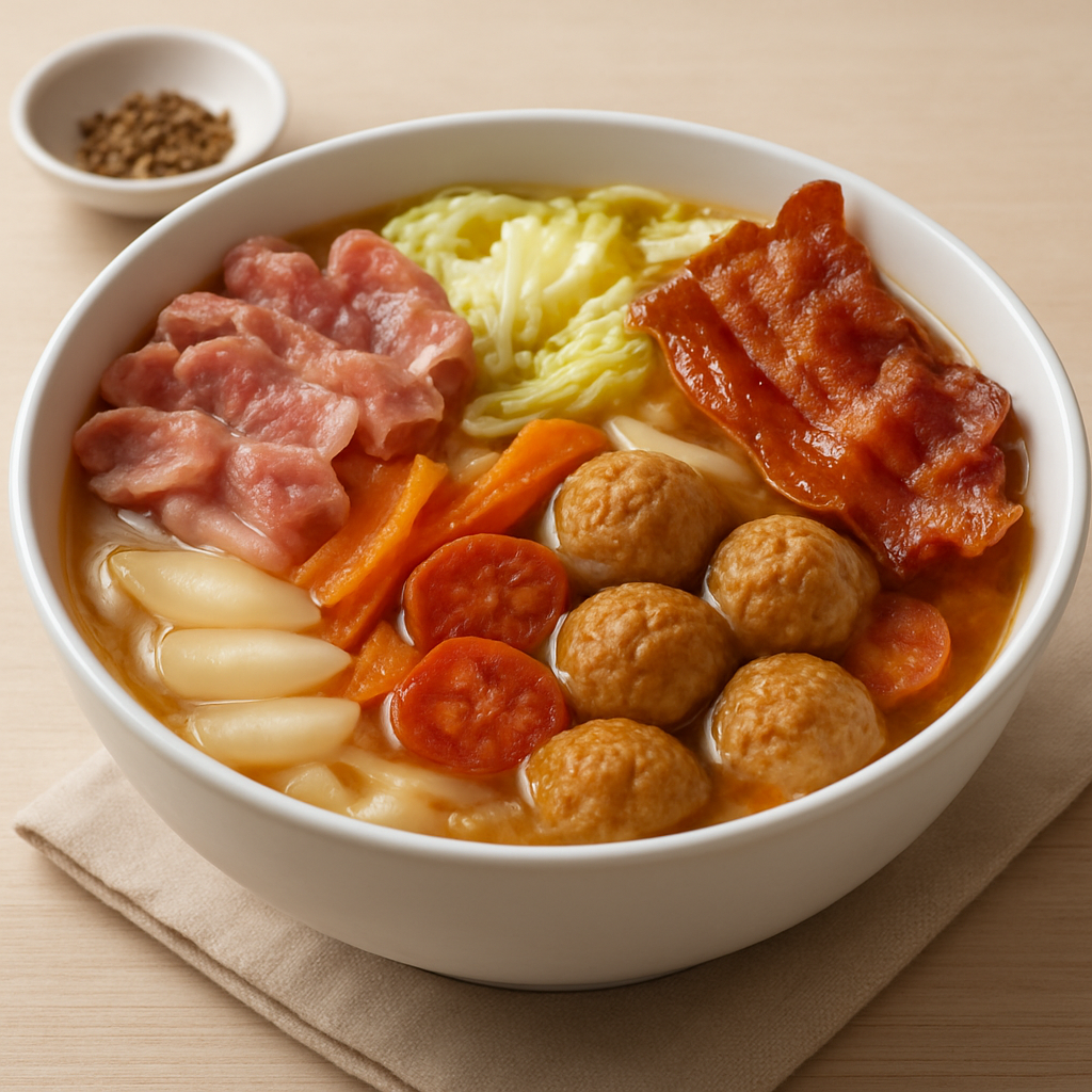 Fusion Hot Pot Bowl with Crispy Bacon and Meatballs