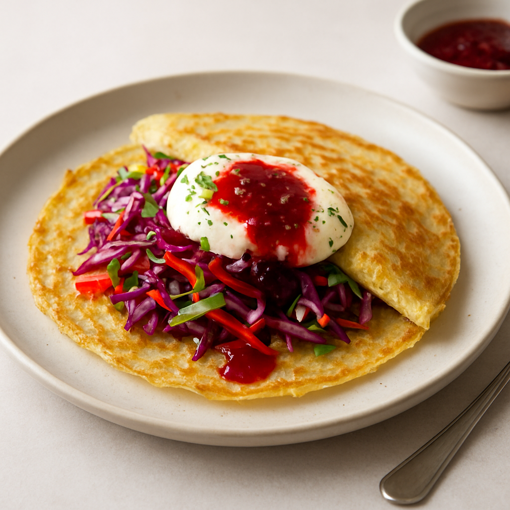 Crispy Cabbage Crêpes with Thai-Vietnamese Raspberry Gastrique and French Cheese Cream