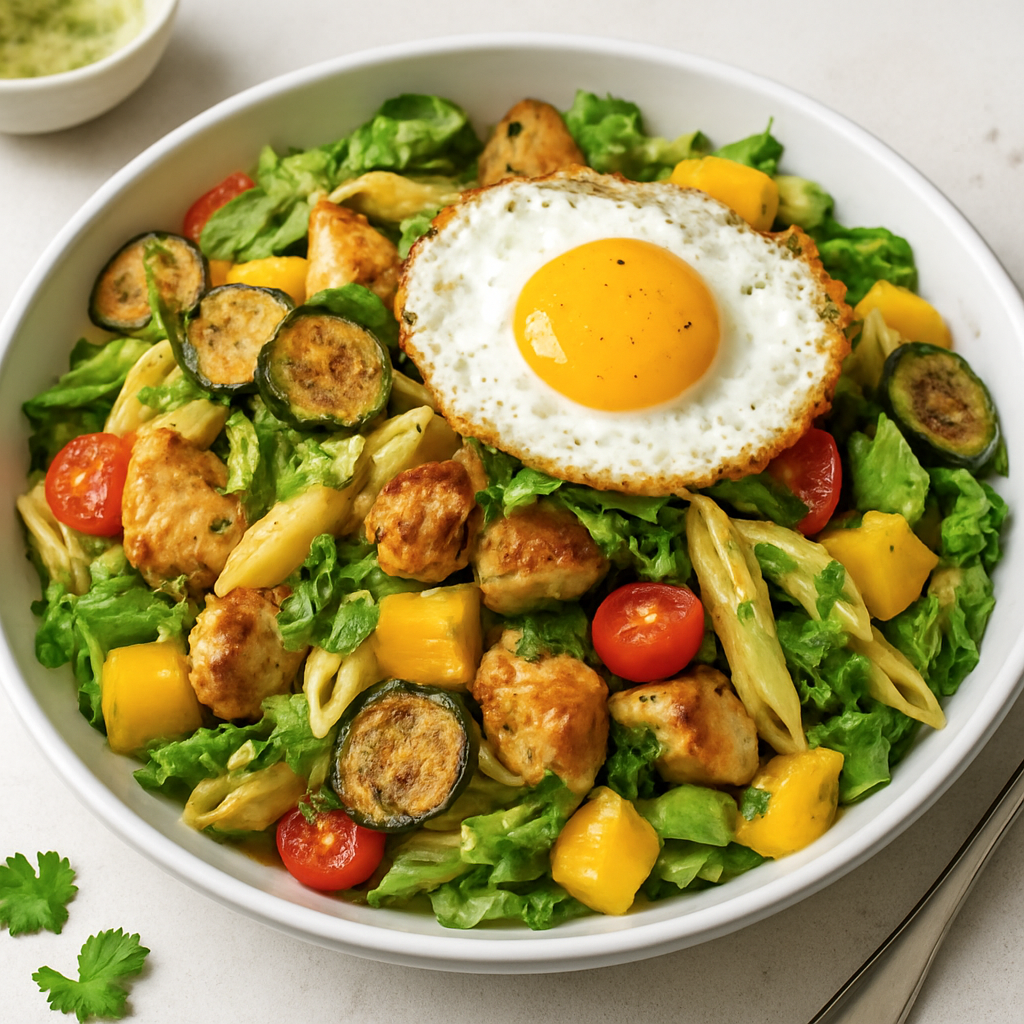 Grecian-Thai Mango Chicken Pasta Salad with Crispy Zucchini & Cilantro-Lime Dressing