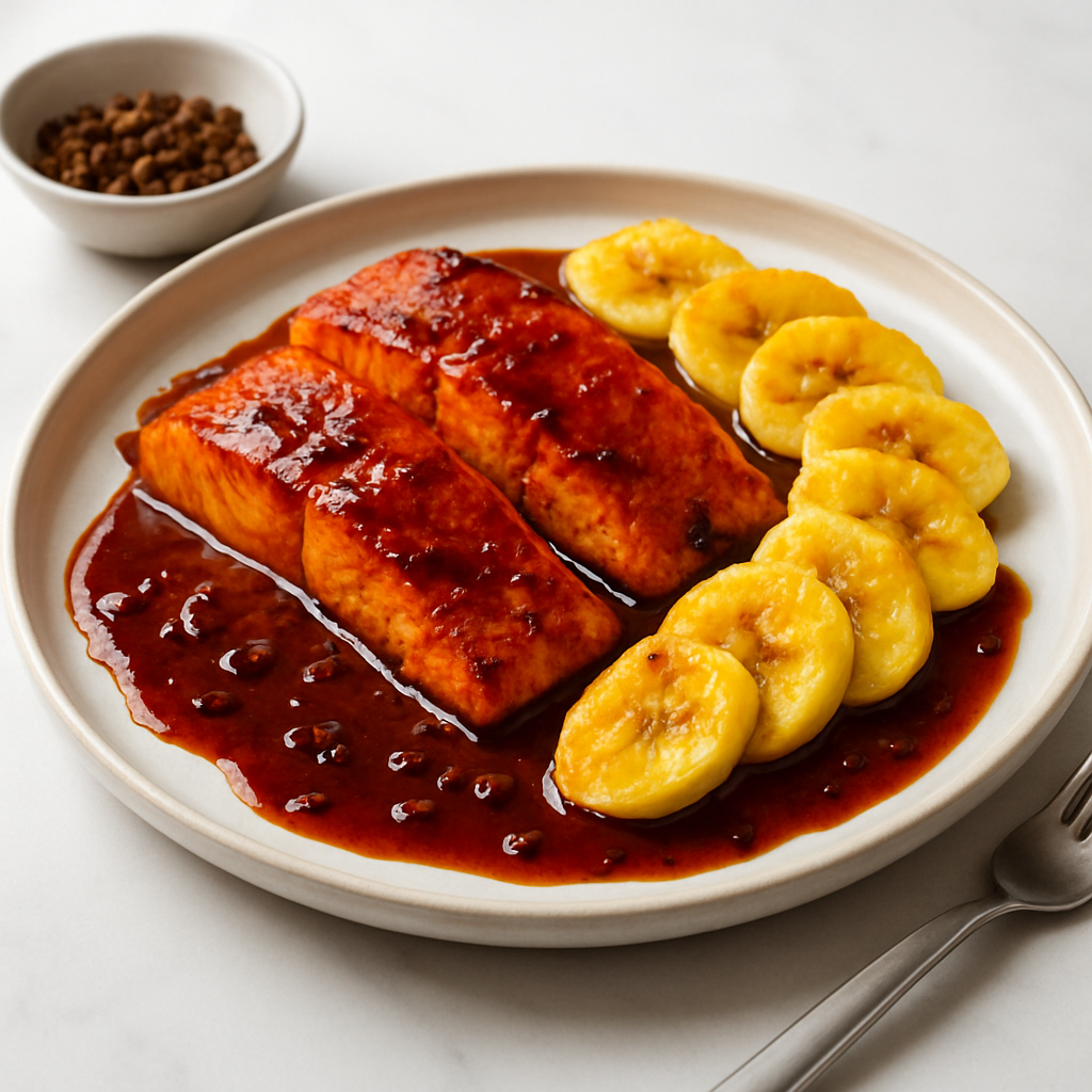 Tandoori Salmon with Black Pepper-Banana Gastrique and Sichuan Wine Reduction