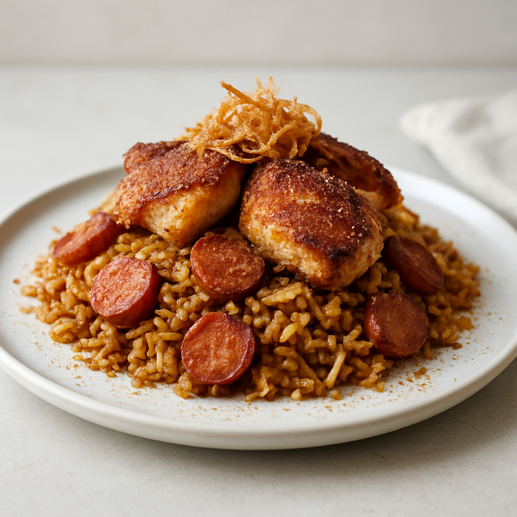 Scandinavian-Inspired Crispy Pølse Fried Rice with Charred Chicken and Caramelized Onion Dust